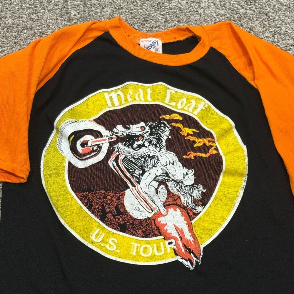 TRUE VINTAGE 70s 80s Meat Loaf US Tour Raglan T Shirt Black Orange‎ Size S Rock